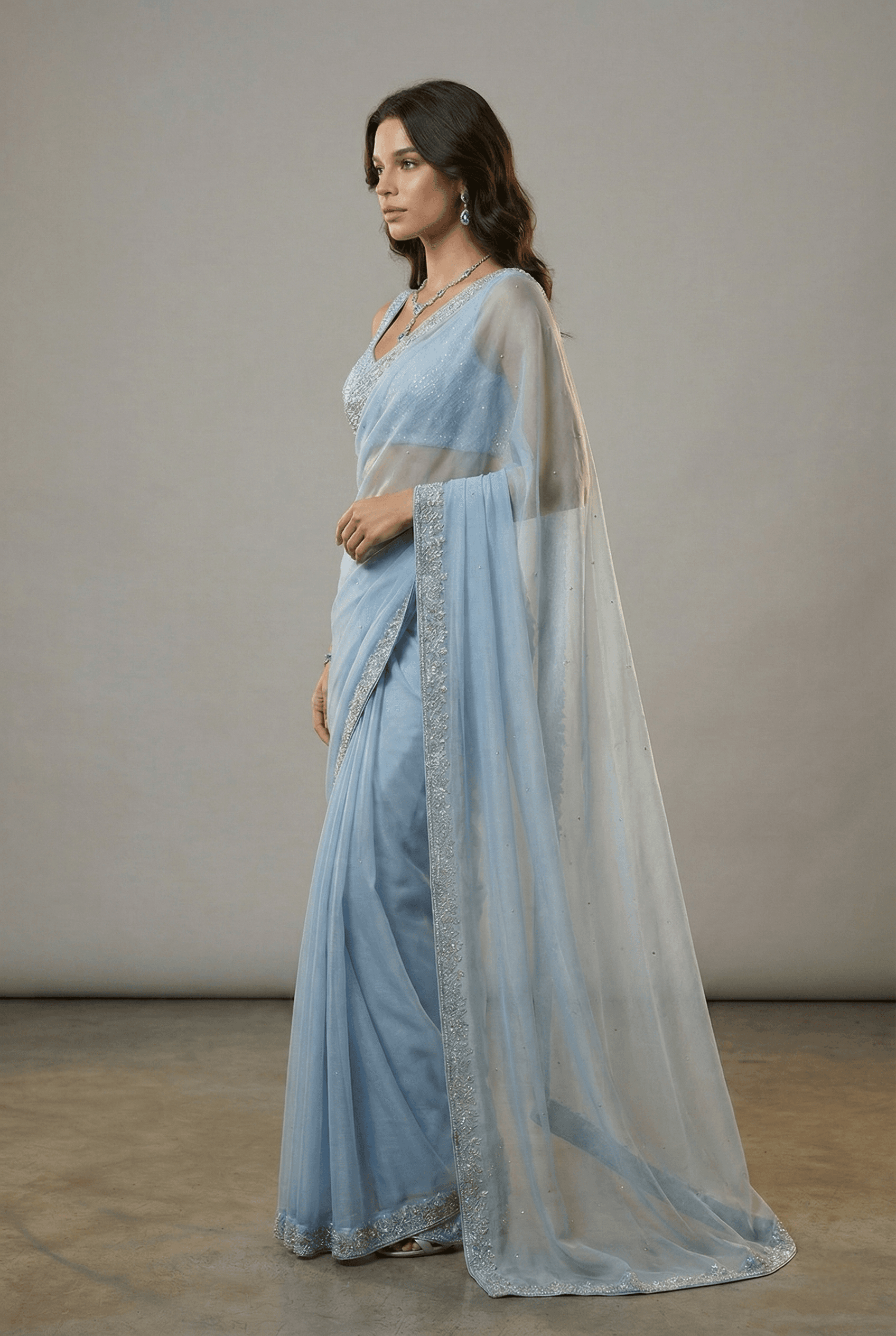 Sky Mist Embellished Net Saree view 3