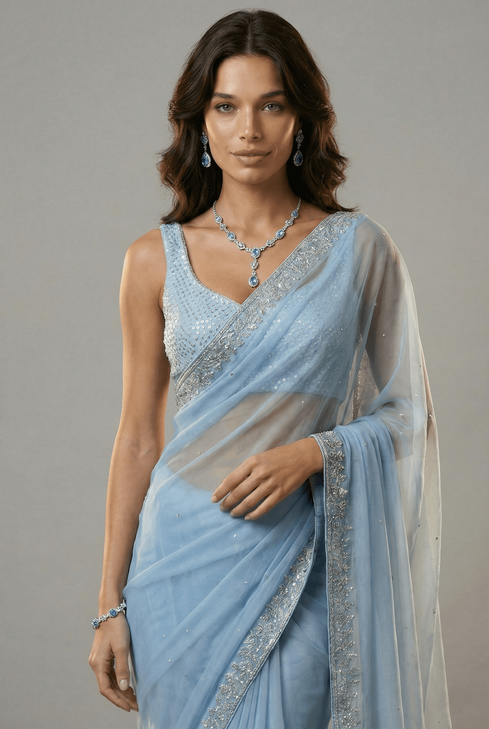 Sky Mist Embellished Net Saree view 4