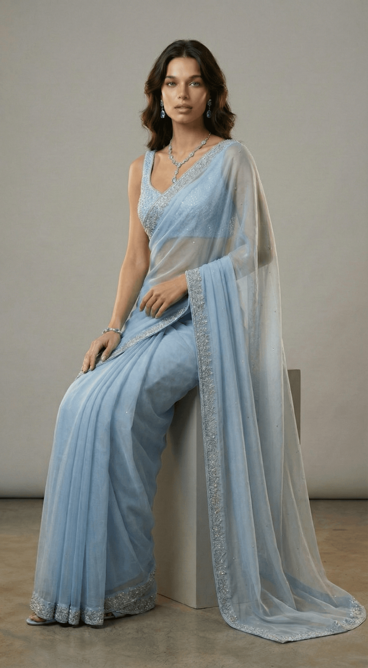 Sky Mist Embellished Net Saree view 5